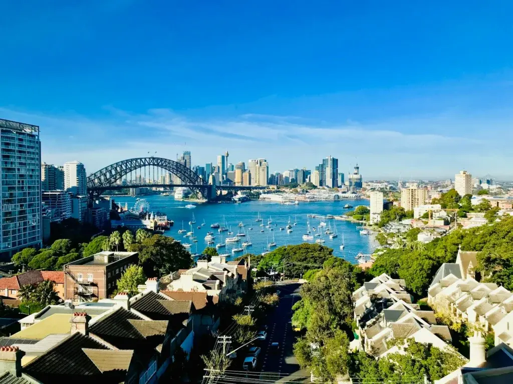 Homes around Lavender Bay on Sydney’s lower North Shore, with the Harbour Bridge behind