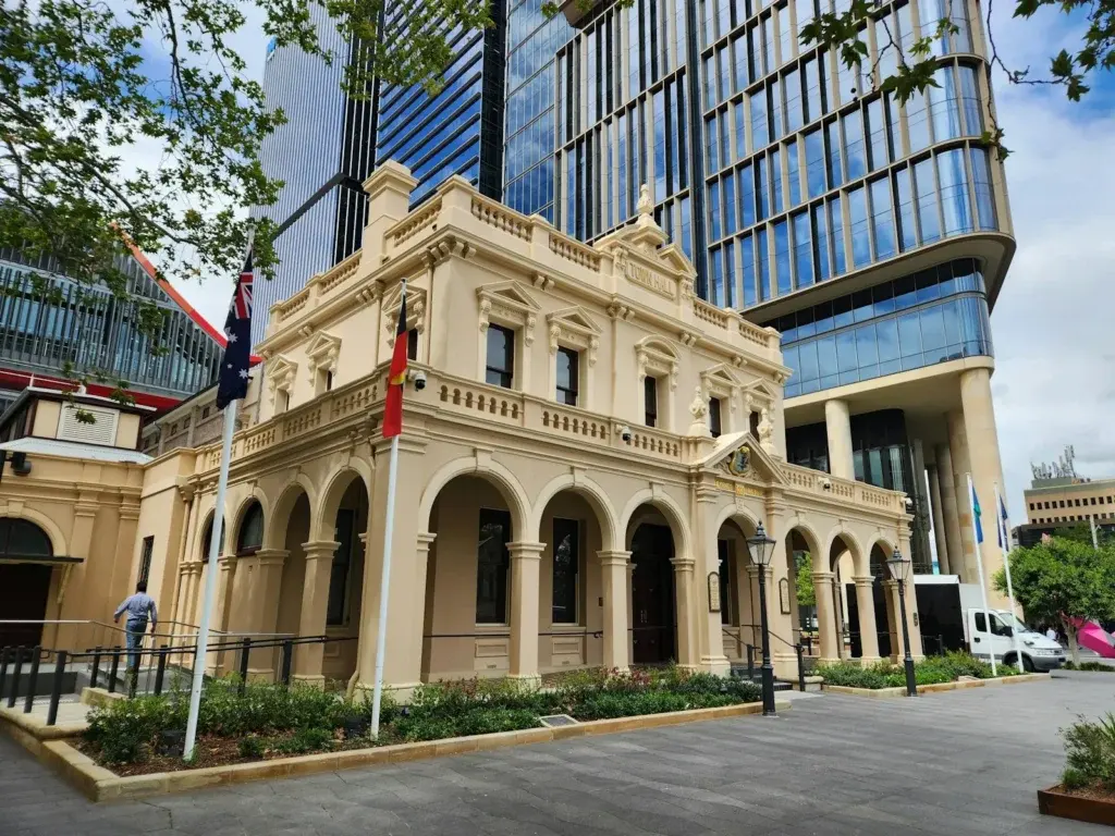Parramatta Town Hall in front of the new Parramatta Square towers