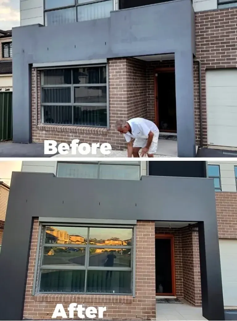 Before and after of a brick townhouse front: a painter at work on the render, then the finished dark grey facade